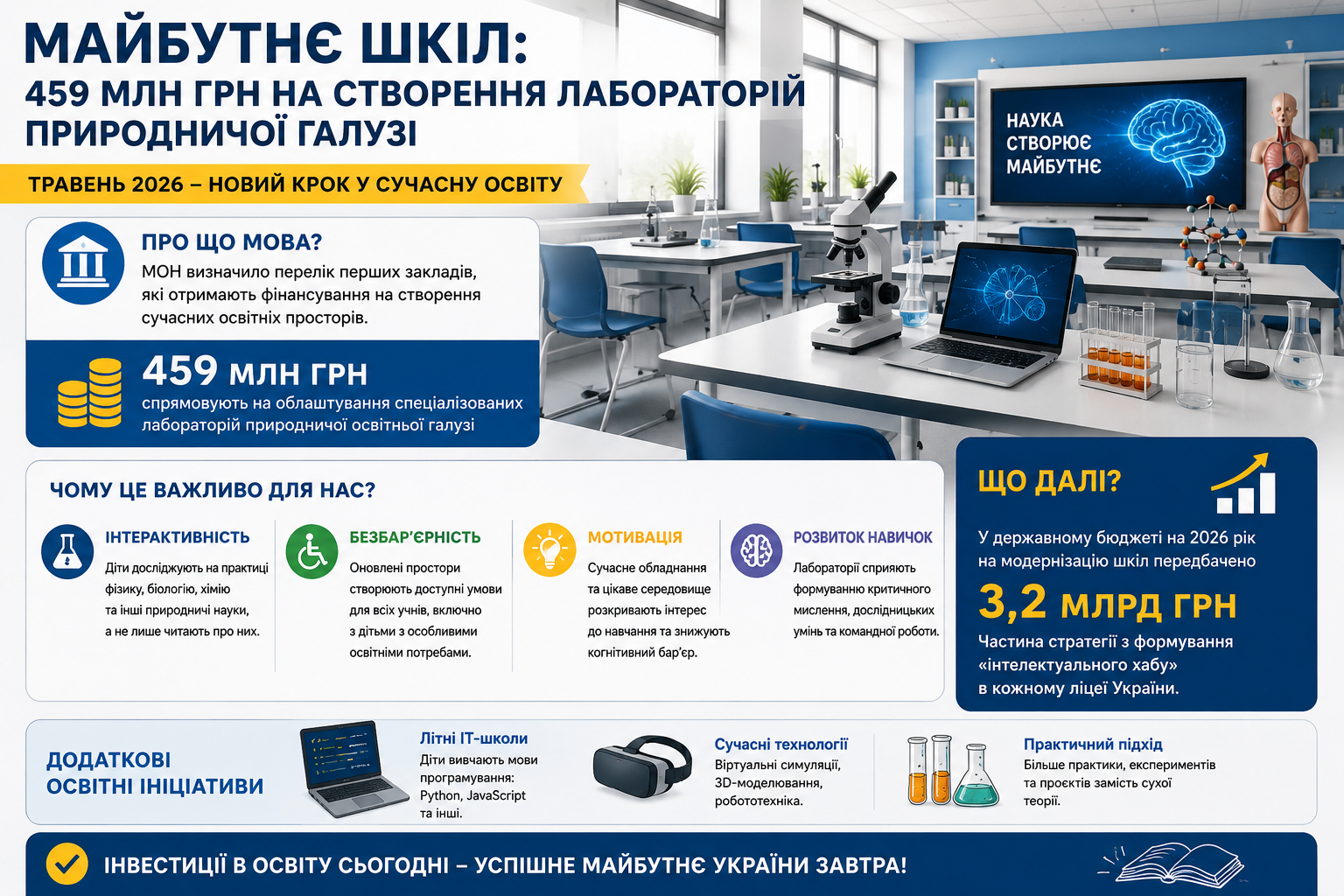 Майбутнє шкіл: 459 млн грн на створення лабораторій природничої галузі